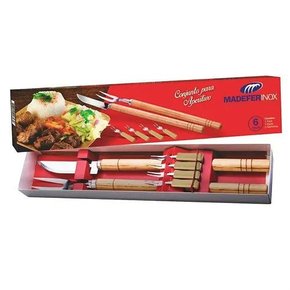 Conjunto Inox 6Pcs  Com Cabo de Madeira Faca + Garfos - Madeferinox
