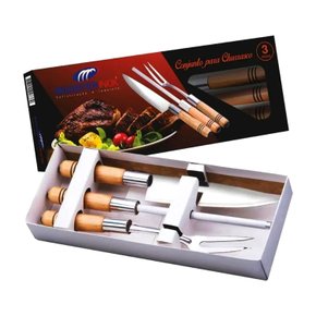Kit Para Churrasco Faca + Garfo + Chaira - Madeferinox